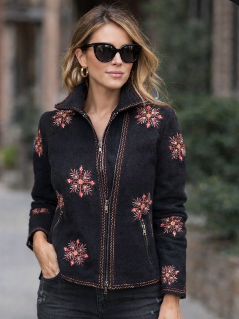 CoVelo Black Coat Red Embroidered Floral Felted Boiled Wool Jacket, size Small